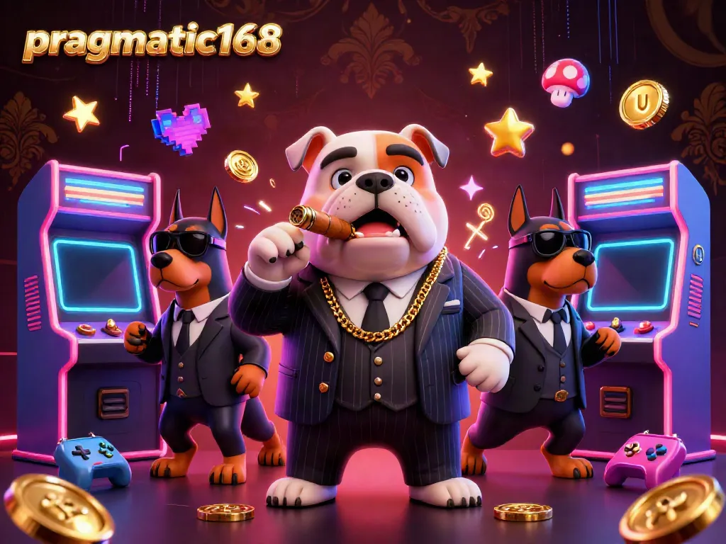 Play exciting mobile games on pragmatic168 with a 3D cartoon mafia boss and bodyguard dogs in a casino setting.