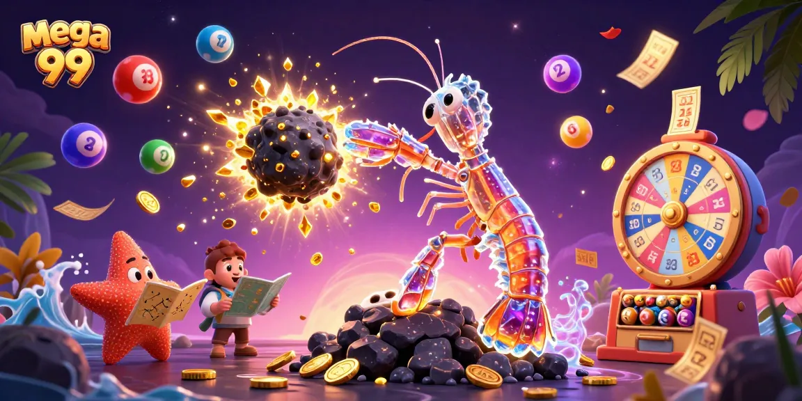 Experience big wins with mega 99 as vibrant lottery elements surround a galactic samurai shrimp in action.