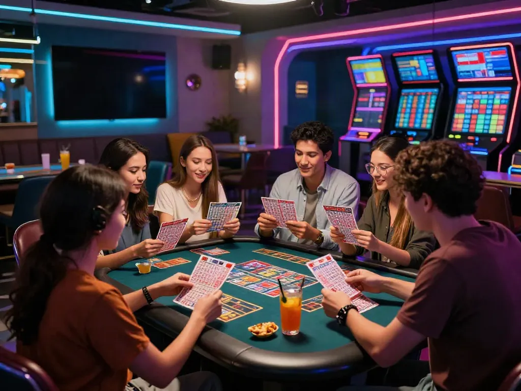 Suasana lounge perjudian modern dengan orang-orang mempelajari kartu togel dewitogel.