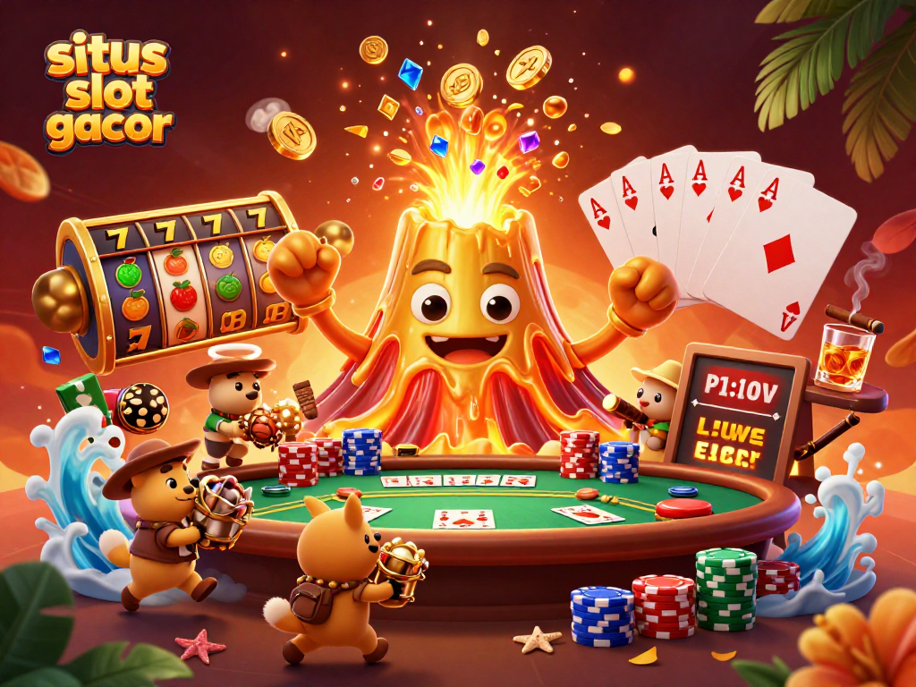 Experience exciting situs slot gacor gaming with a triumphant volcano and treasure-filled scene.