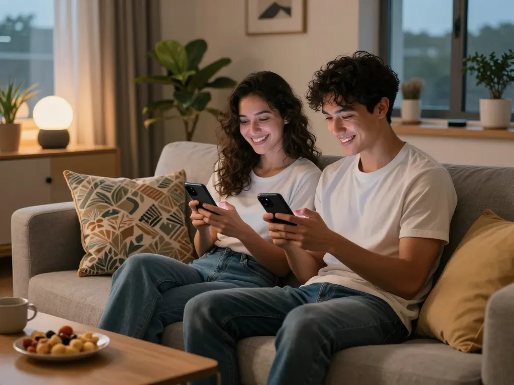 Young couple engaging in ai sexting on smartphones in a cozy living room.