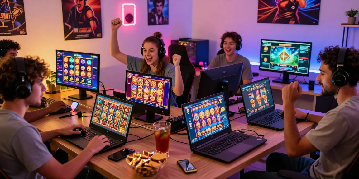 Permainan slot online sniperslot dengan pemain yang merayakan kemenangan besar di lingkungan gaming yang ceria.