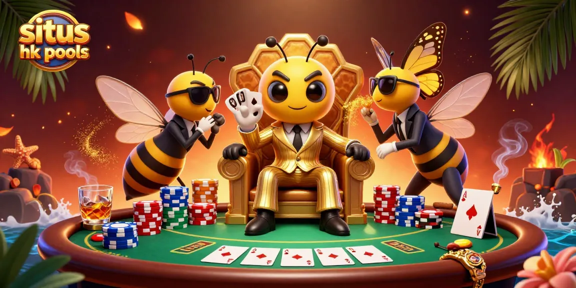 Situs hk pools menampilkan suasana kasino dengan ratu kartu, chip poker, dan karakter menarik lainnya.