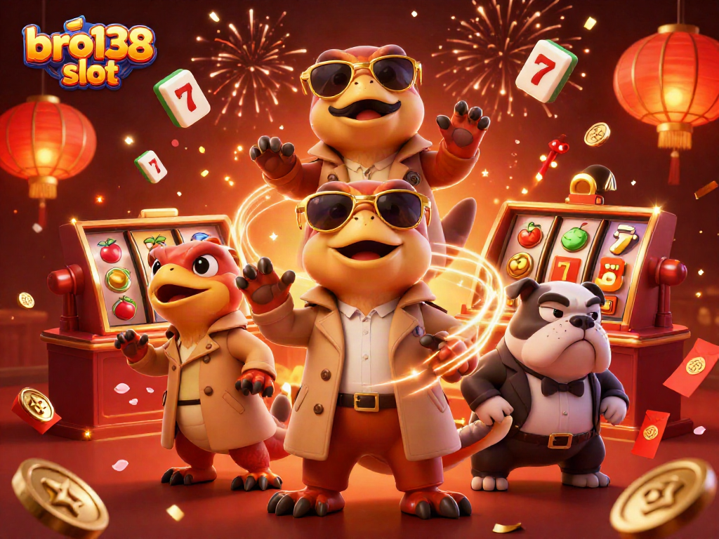 Experience the excitement of bro138 slot with raptors in a trench coat entering a casino lounge.