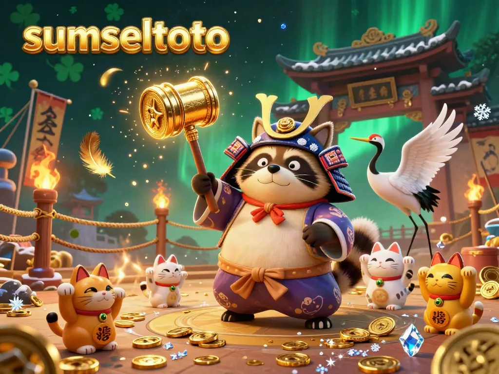 Engage with sumseltoto through a vibrant 3D illustration of a cheerful tanuki and friends celebrating luck at an online casino.