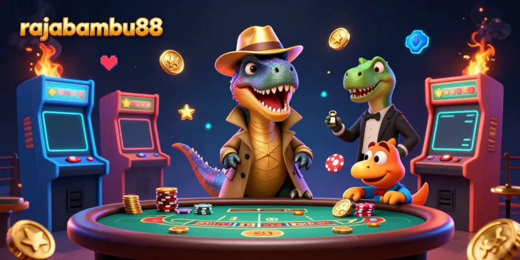 Rajabambu88 menghadirkan suasana kasino modern dengan karakter kartun unik dalam ilustrasi 3D.