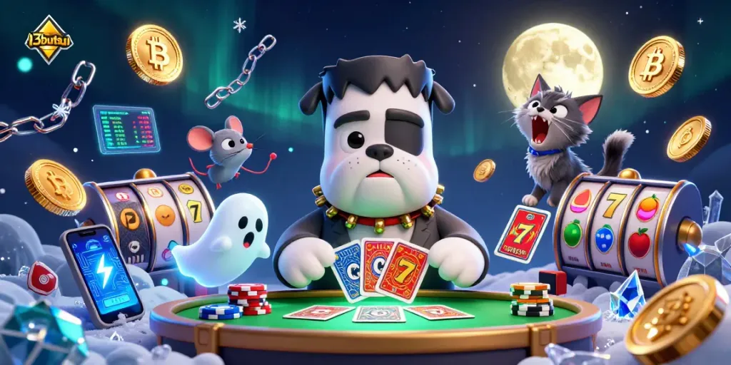 Engage in gaming excitement at 13butsu, a thrilling casino scene filled with animated characters and vibrant slot elements.