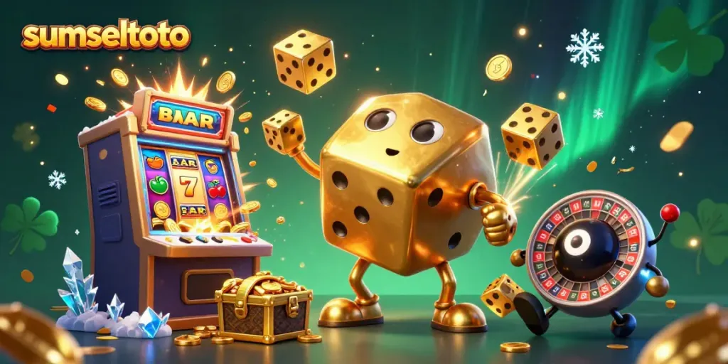 Experience excitement with sumseltoto's golden dice golem juggling in a vibrant casino scene.