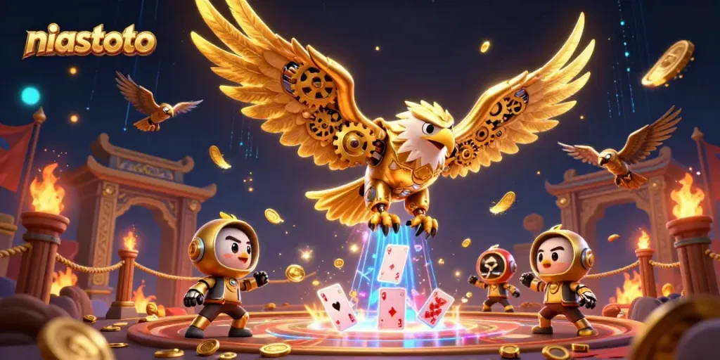 NIASTOTO engaging players with a cybernetic eagle amidst vibrant casino elements