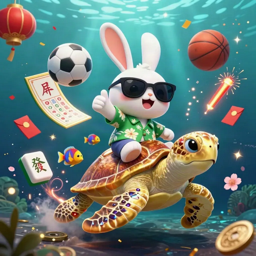 Kelinci 3D berkacamata naik kura-kura emas di bawah laut, dikelilingi koin, lentera, dan bola.