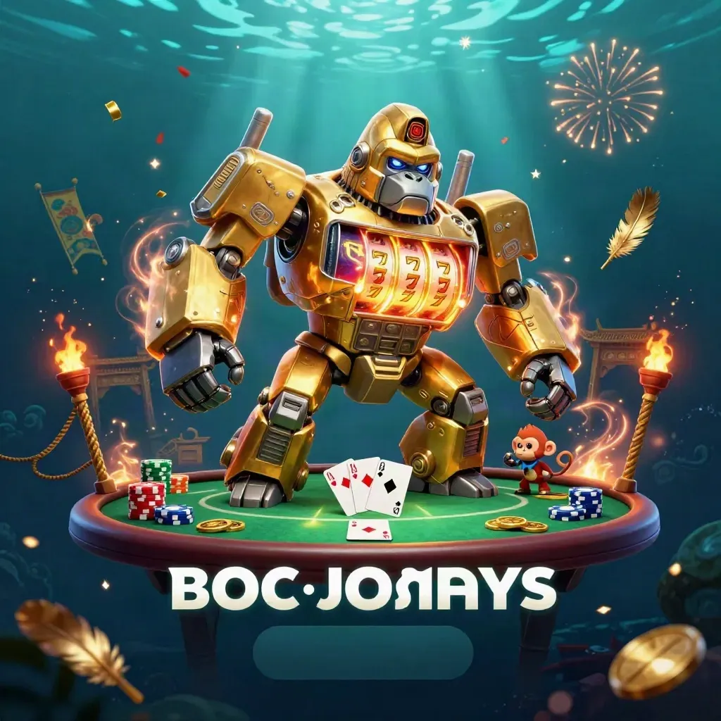 Gorila mech emas dan monyet pilot di gerbang kuil, kilau poker premium, emas bertebaran.