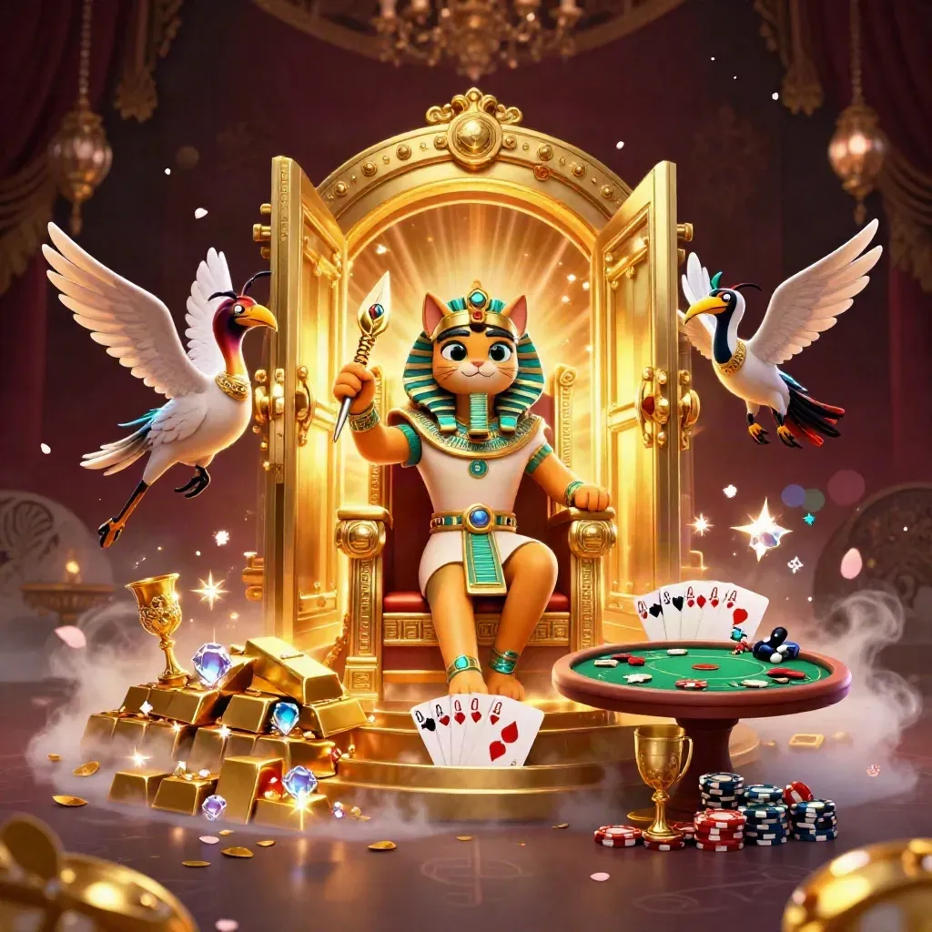 Kucing firaun emas, ibis, dan kumbang scarab di meja poker dengan harta berkilau.