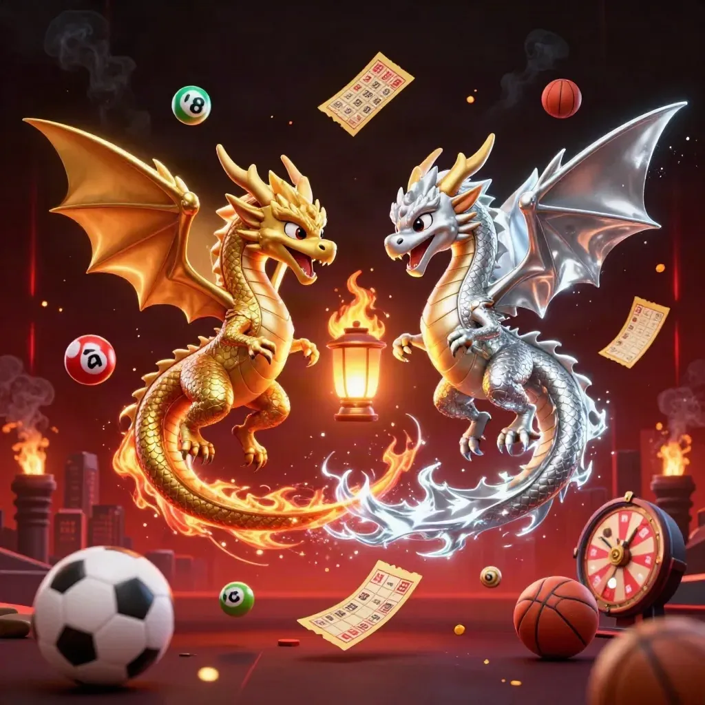 Dua naga 3D emas dan perak melingkar, dikelilingi bola lotre, bingo, roda hadiah, dan elemen kasino.