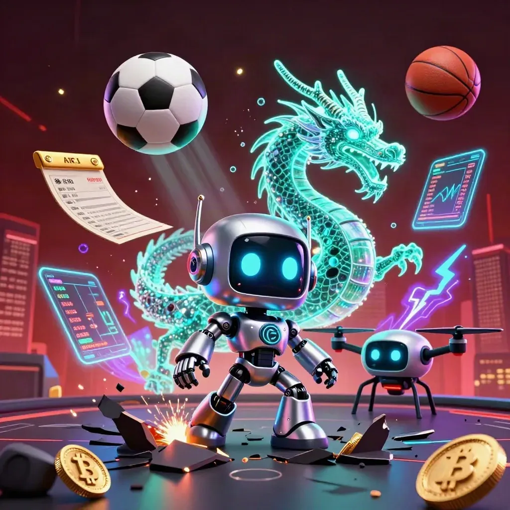 Robot cyberpunk, naga holografik, drone, bola sepak dan basket, koin kripto di latar kasino neon.