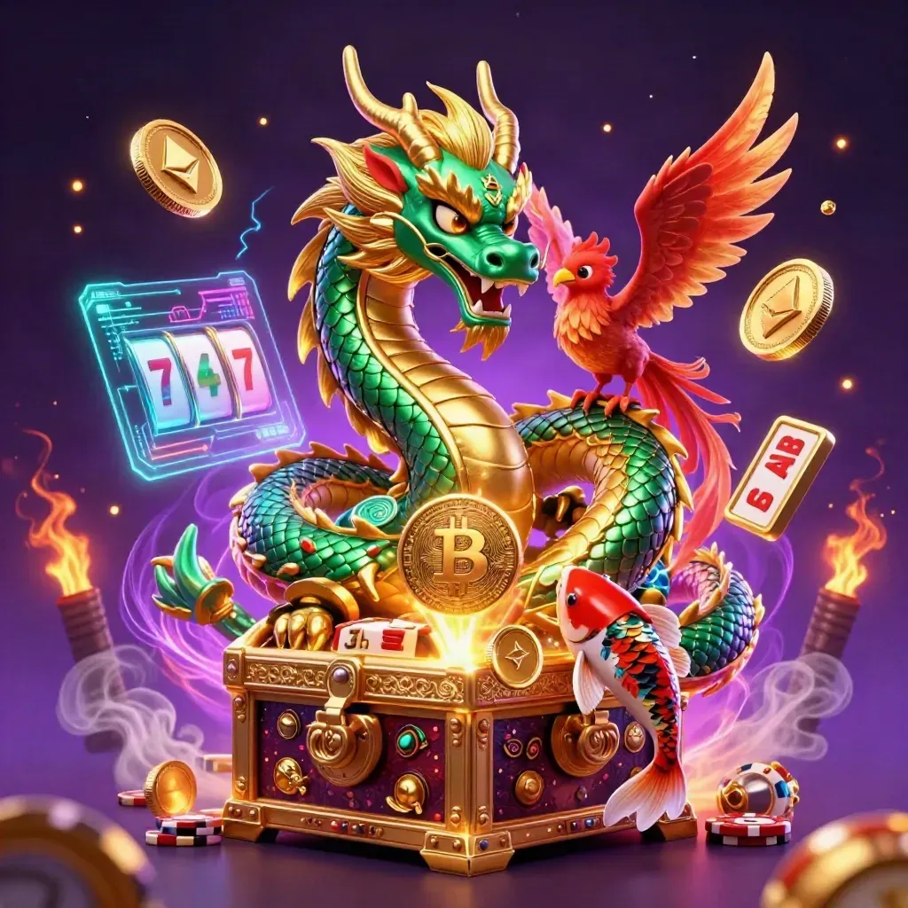 Naga emas, phoenix merah, dan koi di atas peti harta dengan koin kripto neon.