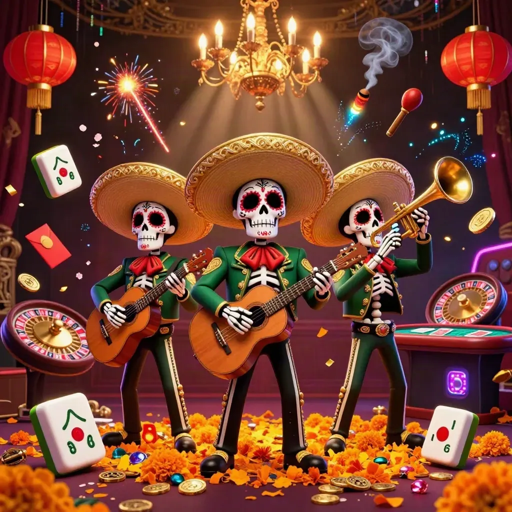 Tiga kerangka mariachi di kasino mewah dengan lampion, koin, mahjong, dan kilau emas.