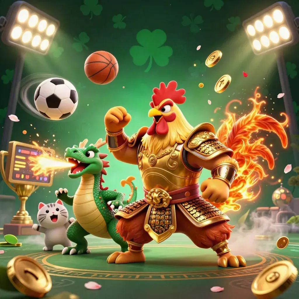 Ayam samurai, naga kecil, dan kucing hoki dikelilingi bola, trofi, koin, dan cahaya hijau kasino.