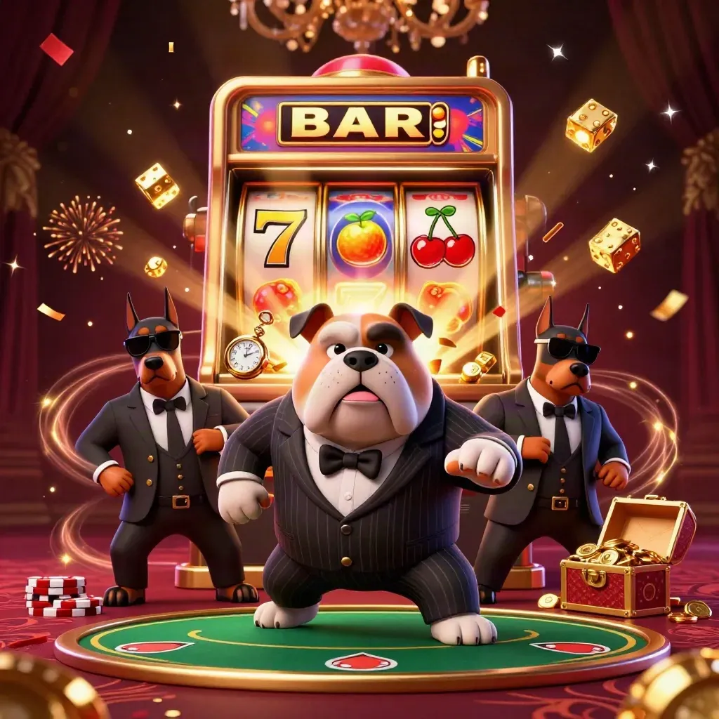 Bulldog bos mafia dan dua doberman dikelilingi mesin slot meledak dengan emas dan simbol keberuntungan.