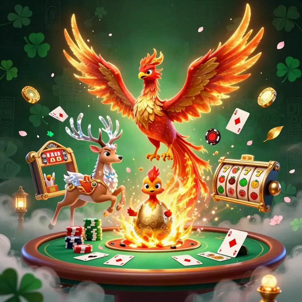 Phoenix api, bayi phoenix, dan rusa kristal di atas meja poker dengan chip dan cahaya emas.