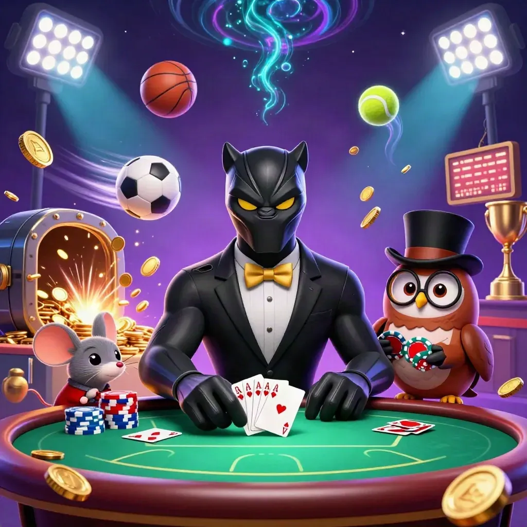Panter tuxedo, burung hantu, dan tikus di meja poker dikelilingi koin emas, piala, dan ledakan cahaya.