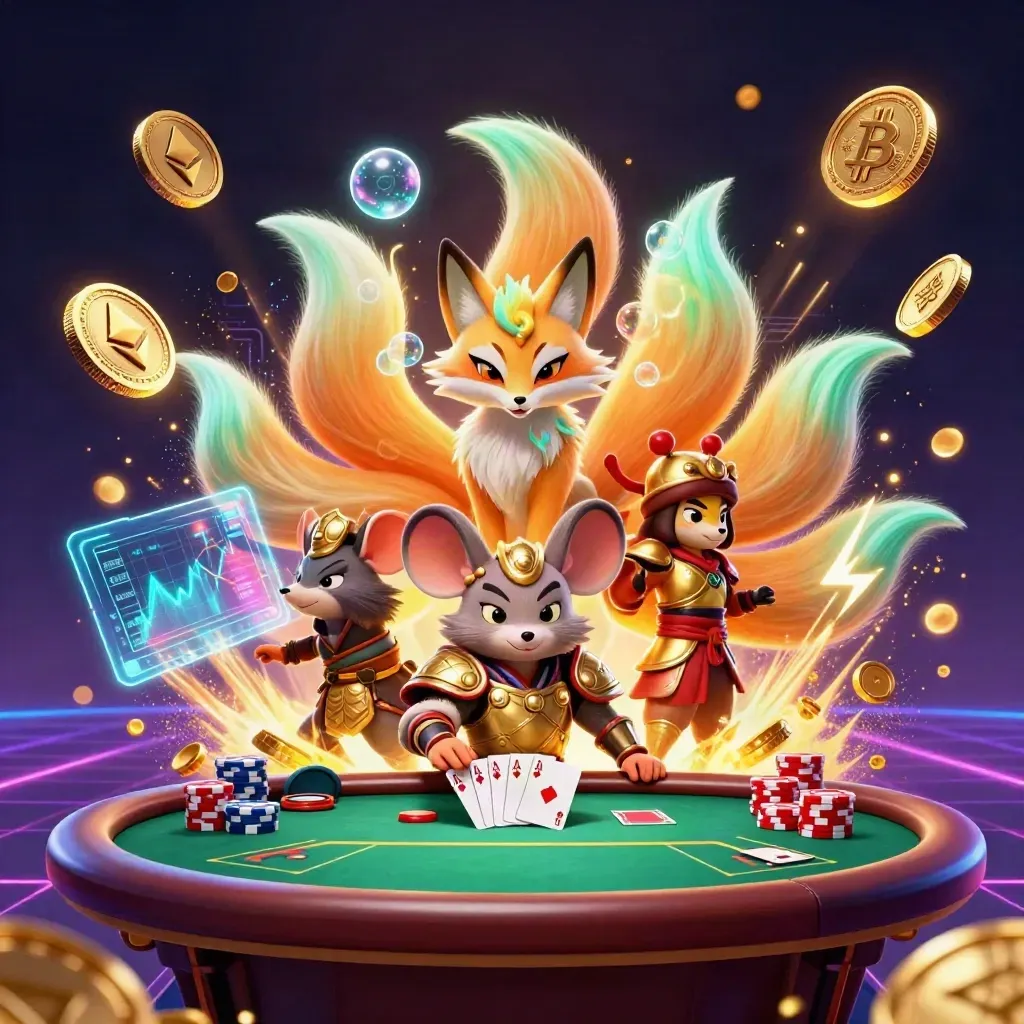 Rubah roh berekor sembilan, tikus samurai emas, koin dan chip melayang di meja poker neon.