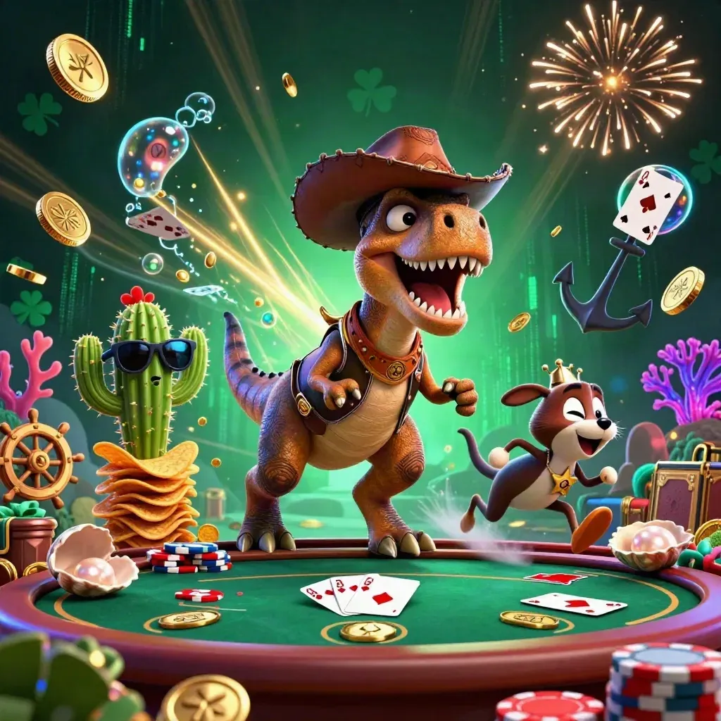 Trex koboi, kaktus, dan burung roadrunner di lautan harta dan chip poker