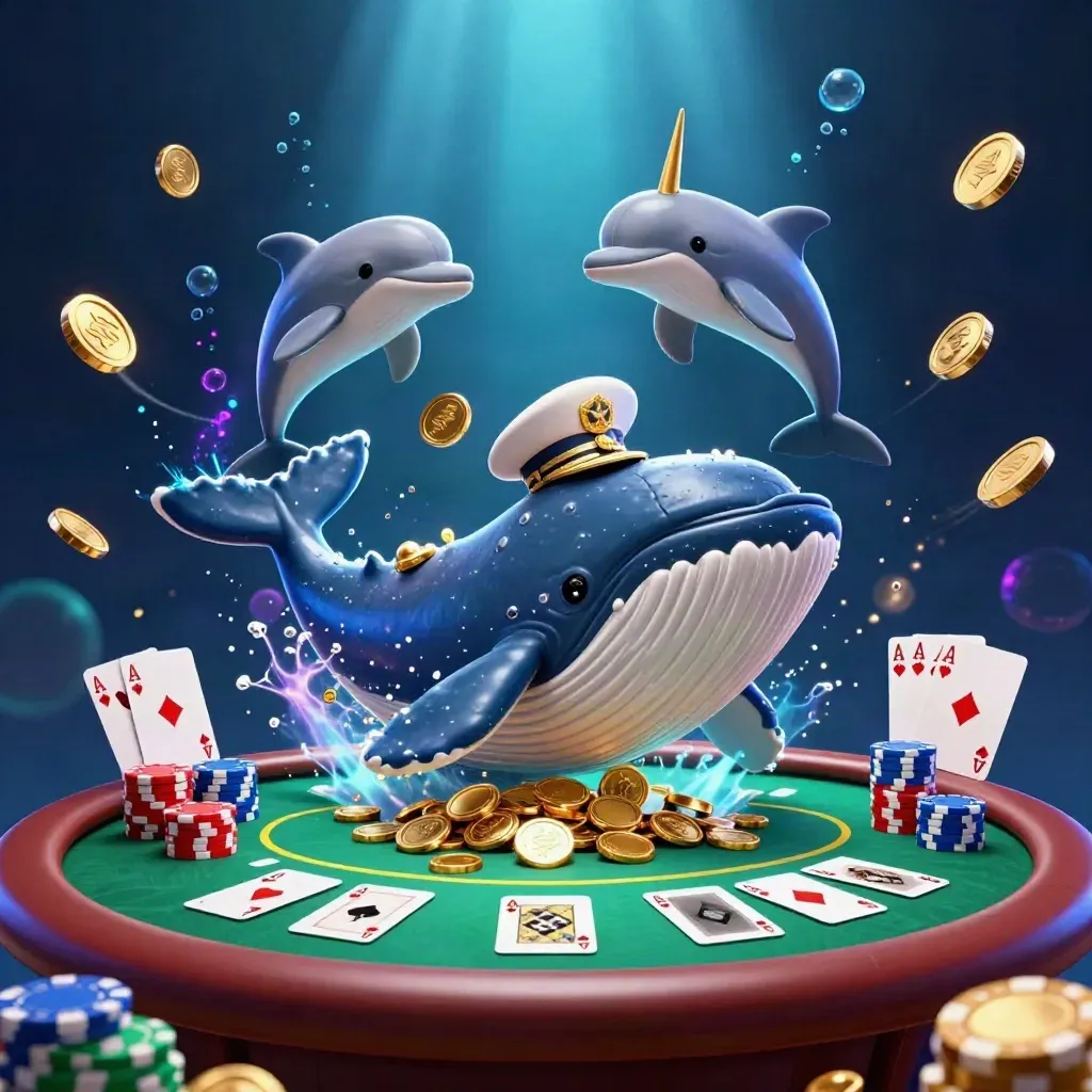 Paus kapten, narwhal, dan lumba-lumba di lautan koin dan chip poker emas