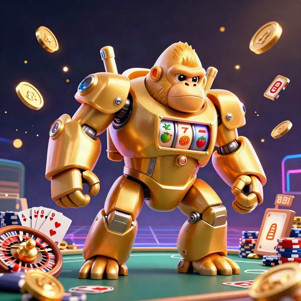 Gorila mech emas dengan pilot monyet, koin, kartu, chip, dan roda roulette di latar neon.
