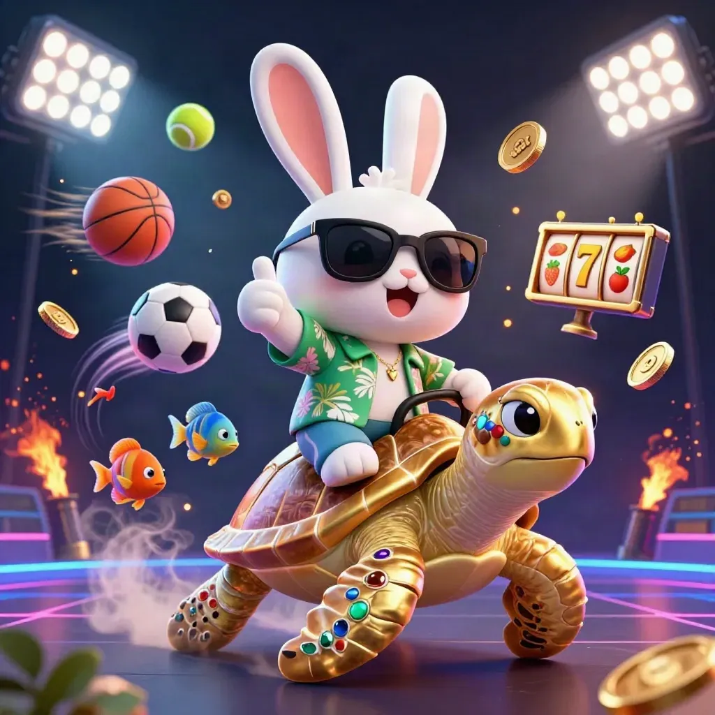 Kelinci keberuntungan naik kura-kura emas dikelilingi bola, koin, dan efek neon kasino.