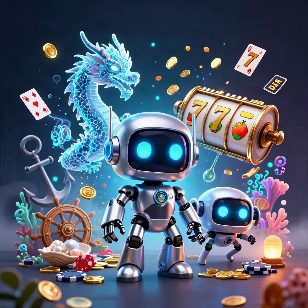 Robot cyberpunk, naga holografik, dan drone di cove harta karun poker neon.