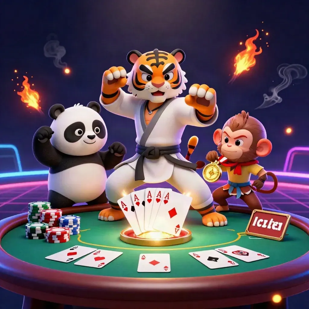 Harimau kung-fu, panda, dan monyet di meja poker dengan chip emas dan cahaya neon.