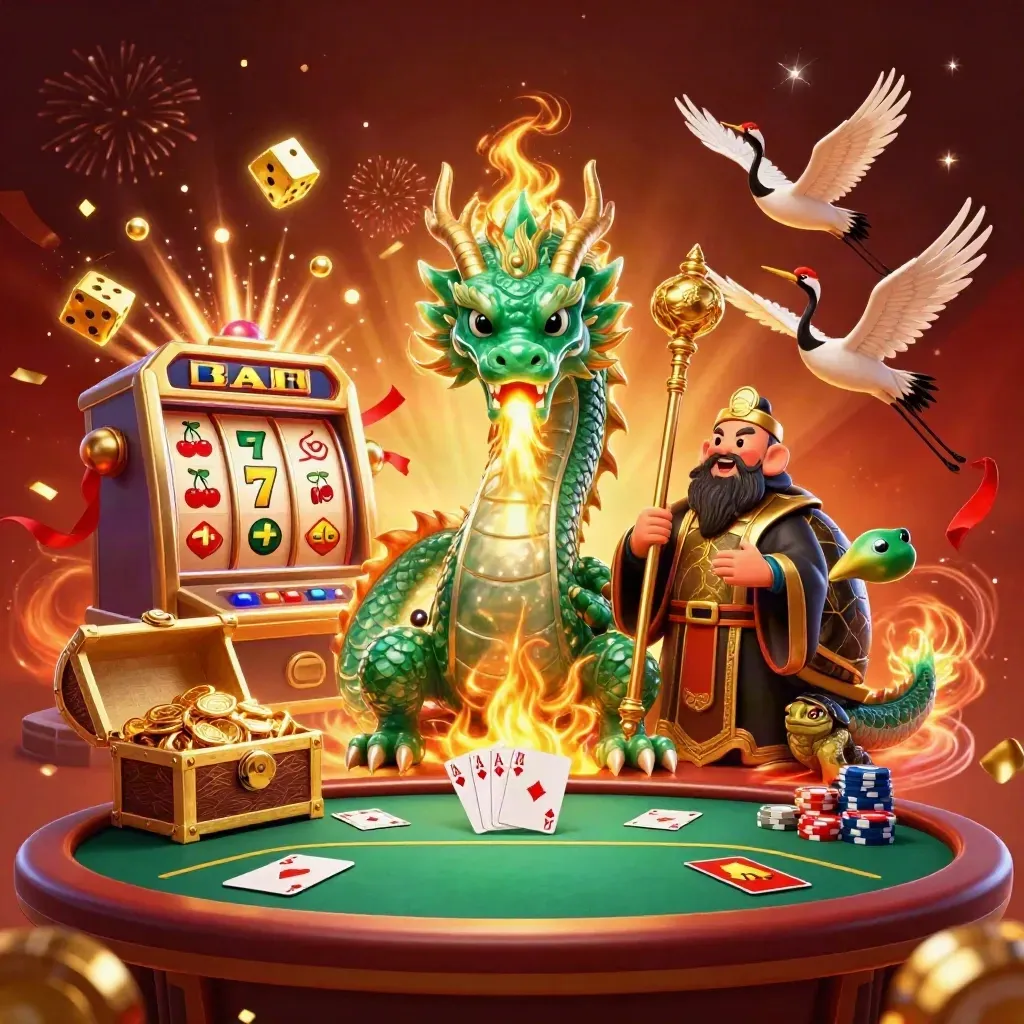 Naga giok hijau, kura bijak, dan bangau di tengah ledakan emas bertema poker VIP.
