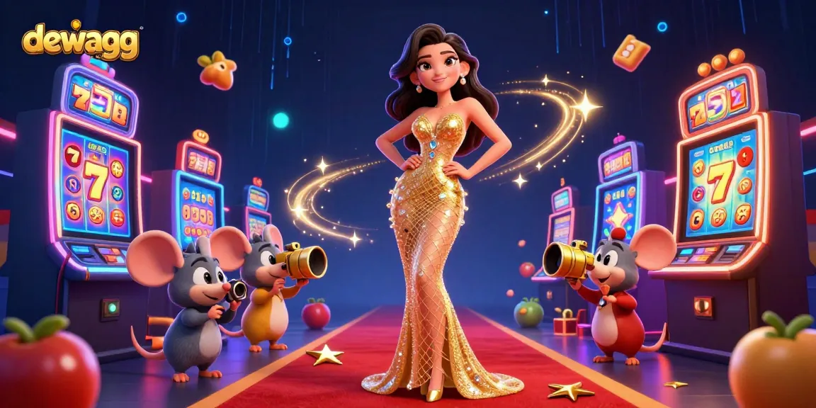 Experience the excitement of dewagg with vibrant slot machines and glamorous characters in a stunning casino scene.