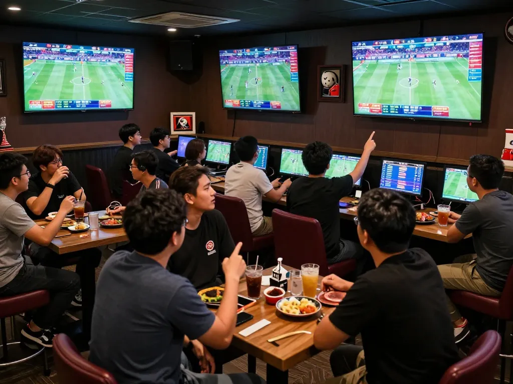 Exciting sports betting scene with friends strategizing for 90Phut TV games and odds