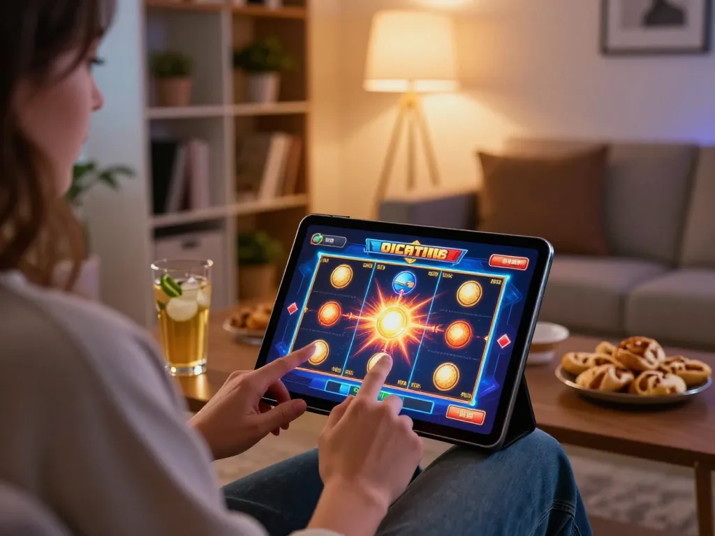 Pemain yang terlibat menikmati permainan slot spaceman di tablet dalam suasana rumah yang nyaman