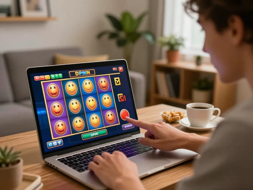 Player enjoys an online slot game on their laptop, highlighting the thrill of chasing 122 winning spins.