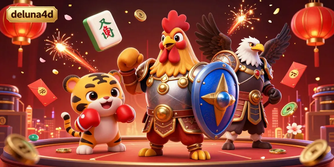 Experience thrilling gaming at deluna4d with a vibrant 3D gambling scene featuring a rooster and tiger in action.