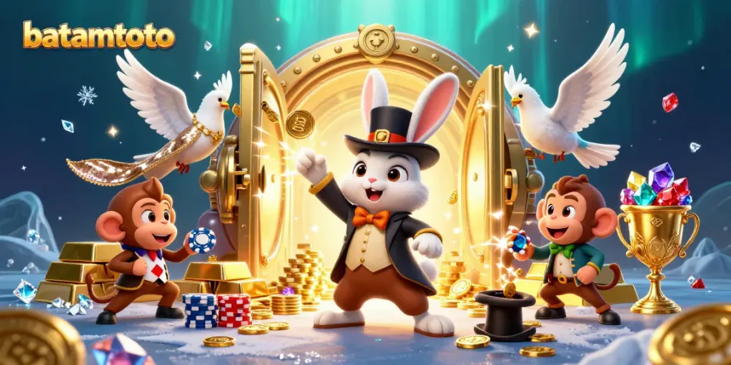 Engage in exhilarating gameplay at batamtoto with a magical scene featuring casino characters and treasures.