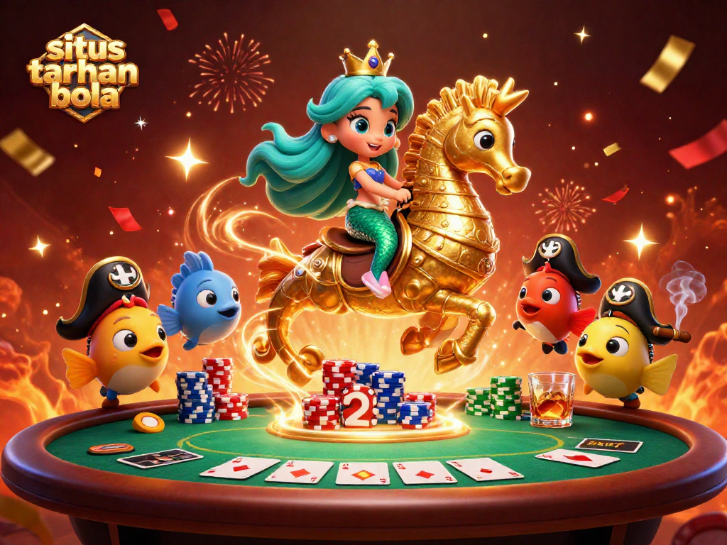 Situs taruhan bola brings excitement with a mermaid riding a seahorse at a vibrant poker scene.