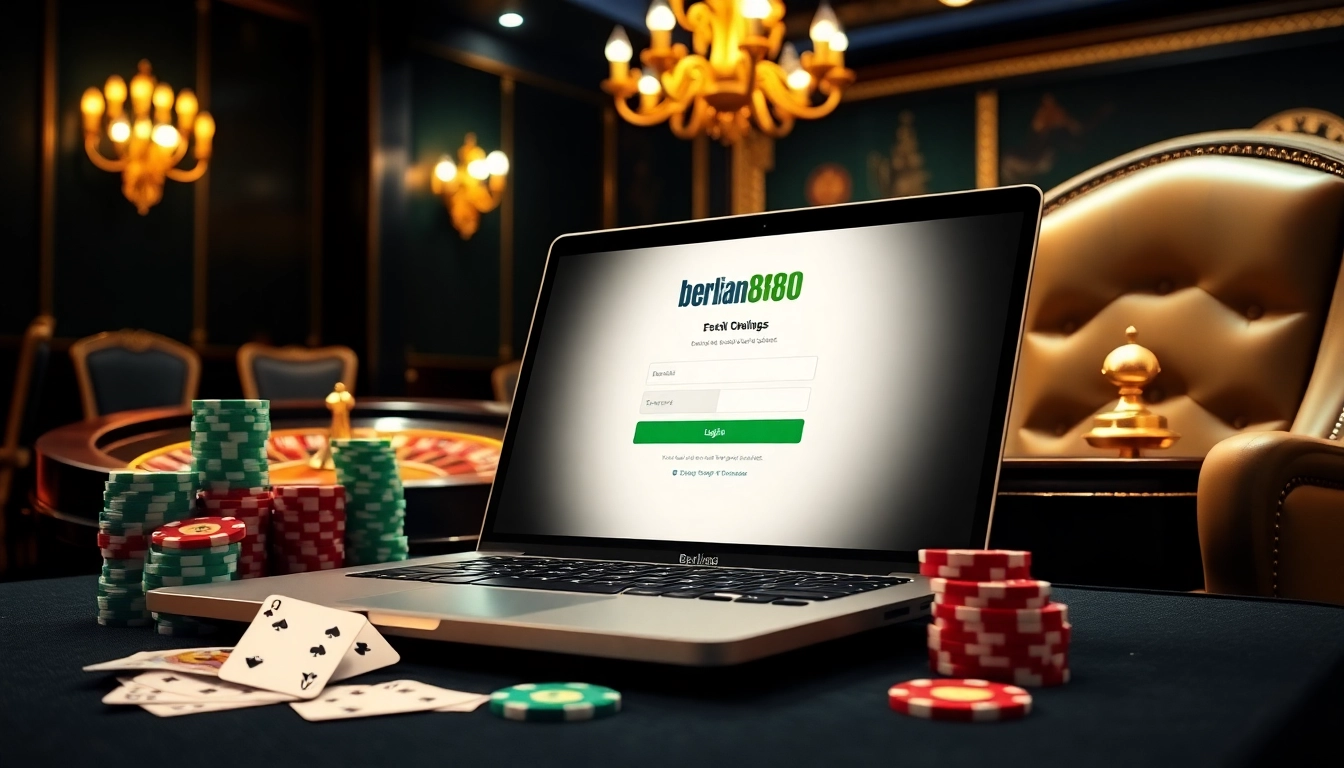 A vibrant Berlian888 login scene with a laptop, poker chips, and cards, showcasing online casino excitement.