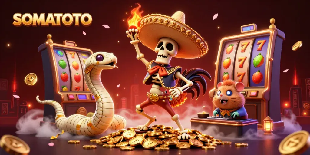 SOMATOTO offers a vibrant casino scene featuring a dancing mariachi rooster and slot reels symbolizing winning excitement.