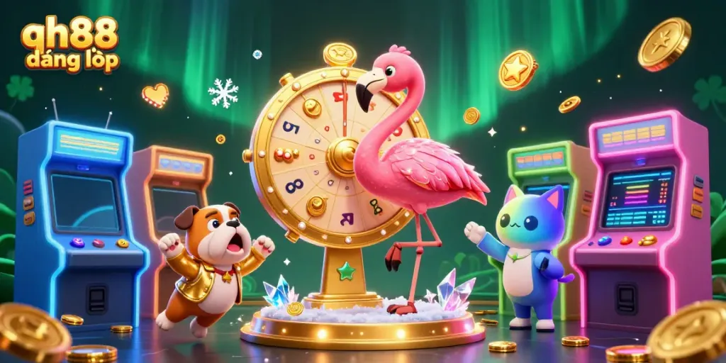 Join the fun at qh88 đăng nhập with an exciting game show scene featuring vibrant characters and casino elements!