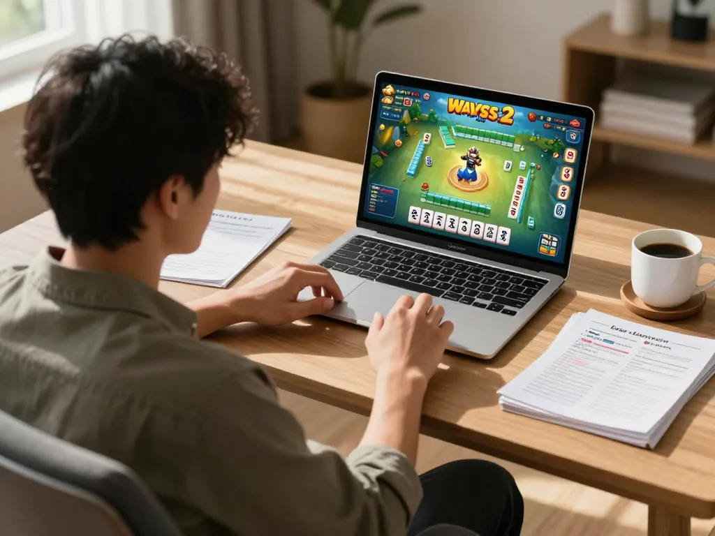 Pemain menganalisis strategi ritme spin mahjong ways 2 di laptop di kantor rumah yang nyaman.