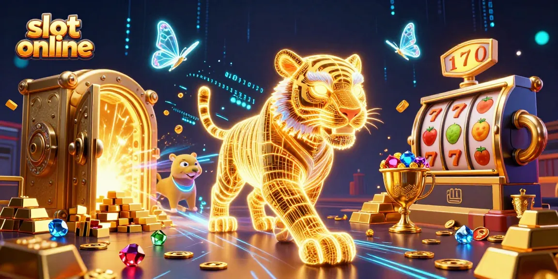 Gambarkan suasana kasino digital dengan slot online, harimau emas bercahaya, dan harta karun berkilauan.
