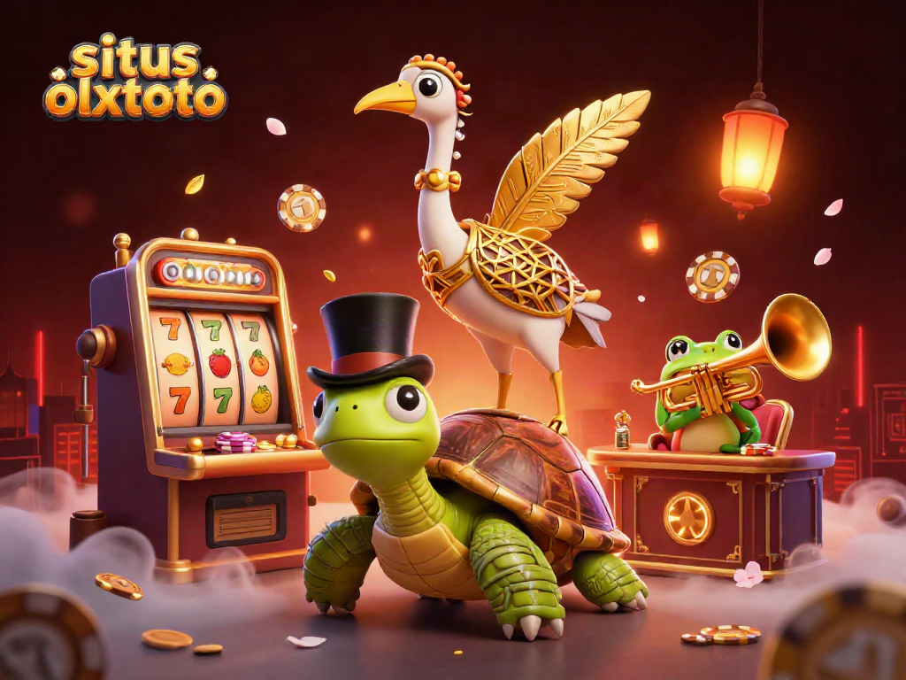 Situs olxtoto menghadirkan suasana kasino dengan karakter 3D, mesin slot, dan elemen keberuntungan.