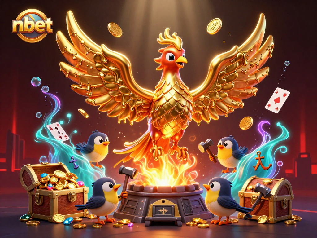Experience dynamic gaming at nbet, where a golden phoenix celebrates with coins and cards in a vibrant casino scene.