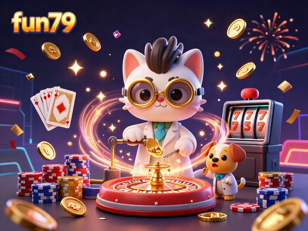 Exciting fun79 casino scene with the mad scientist cat and dog amidst golden coins and vibrant game elements.