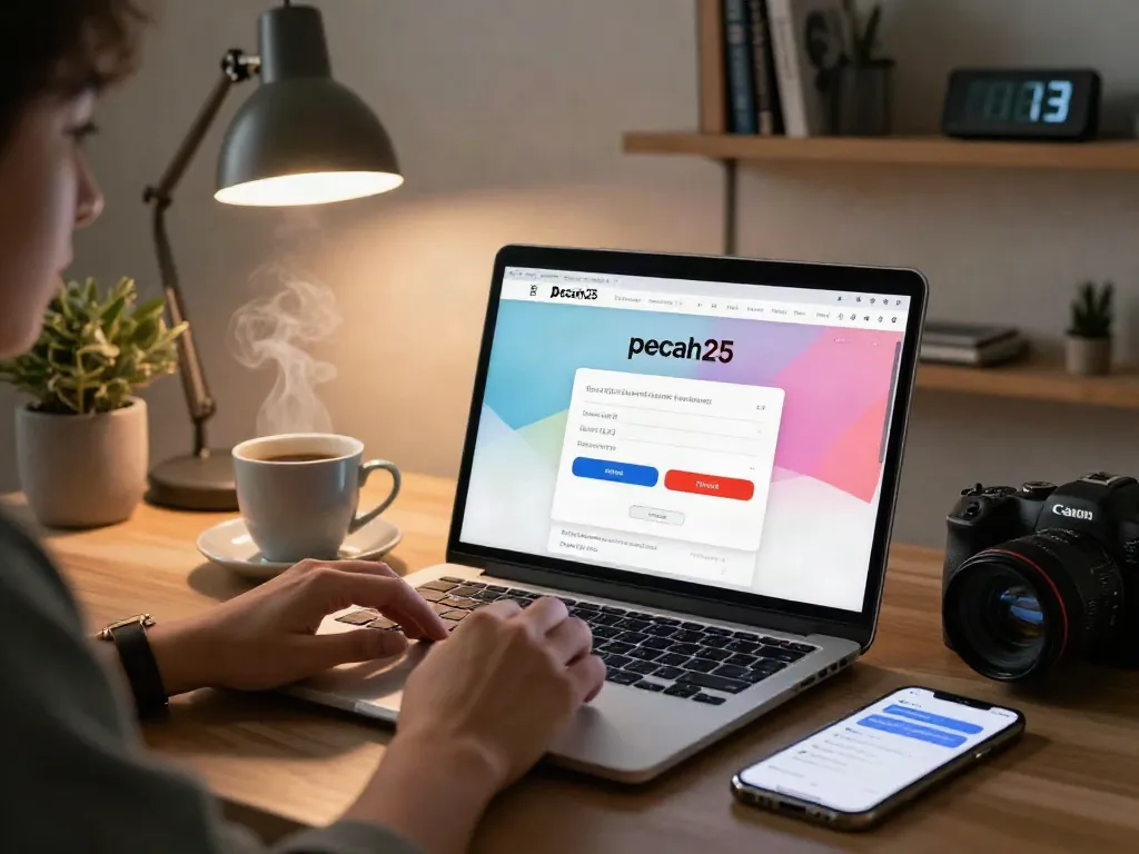 Proses login pengguna pada pecah25 login di laptop dengan latar modern dan fokus pada aktivitas digital