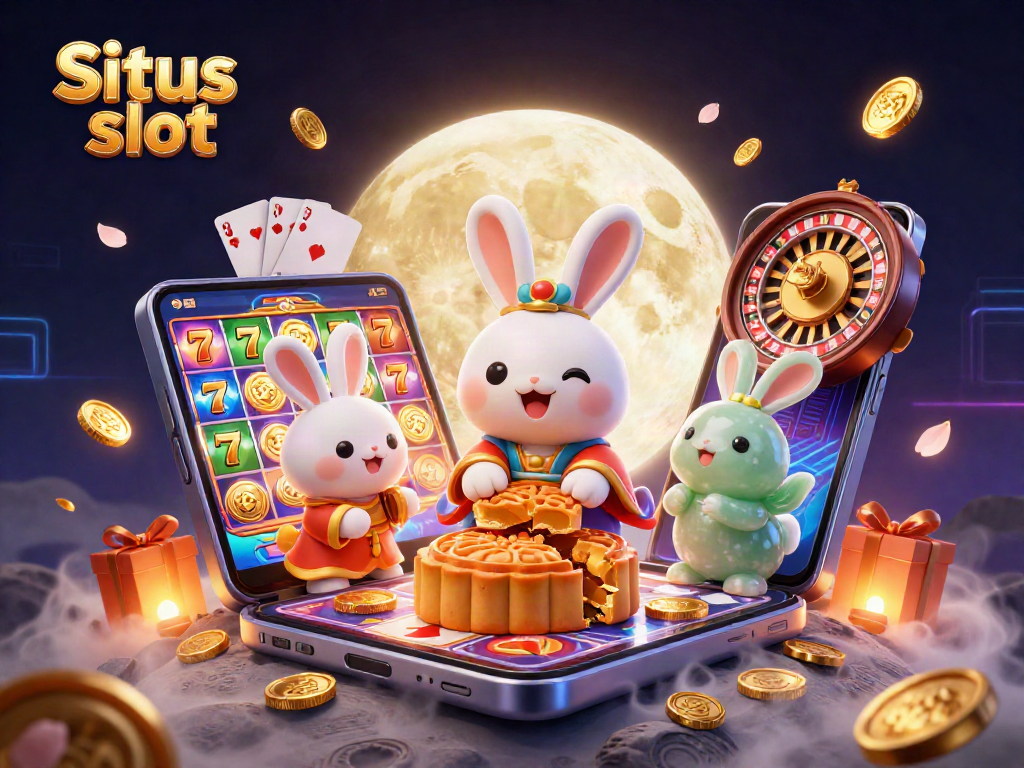 Situs slot yang menampilkan kelinci bulan, simbol slot, dan hiasan kasino yang kaya akan detail