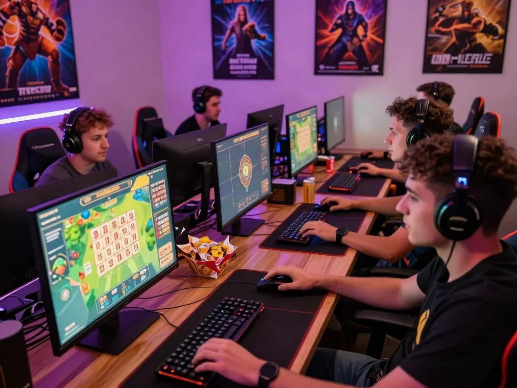 Kelompok teman bermain permainan taruhan online alexistoto dengan fokus dan perlengkapan gaming.